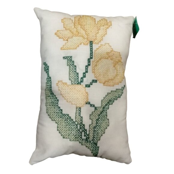 Cross Stitch Pillow Yellow Tulip Country Farmhouse Spring Easter Toss - Picture 2 of 5
